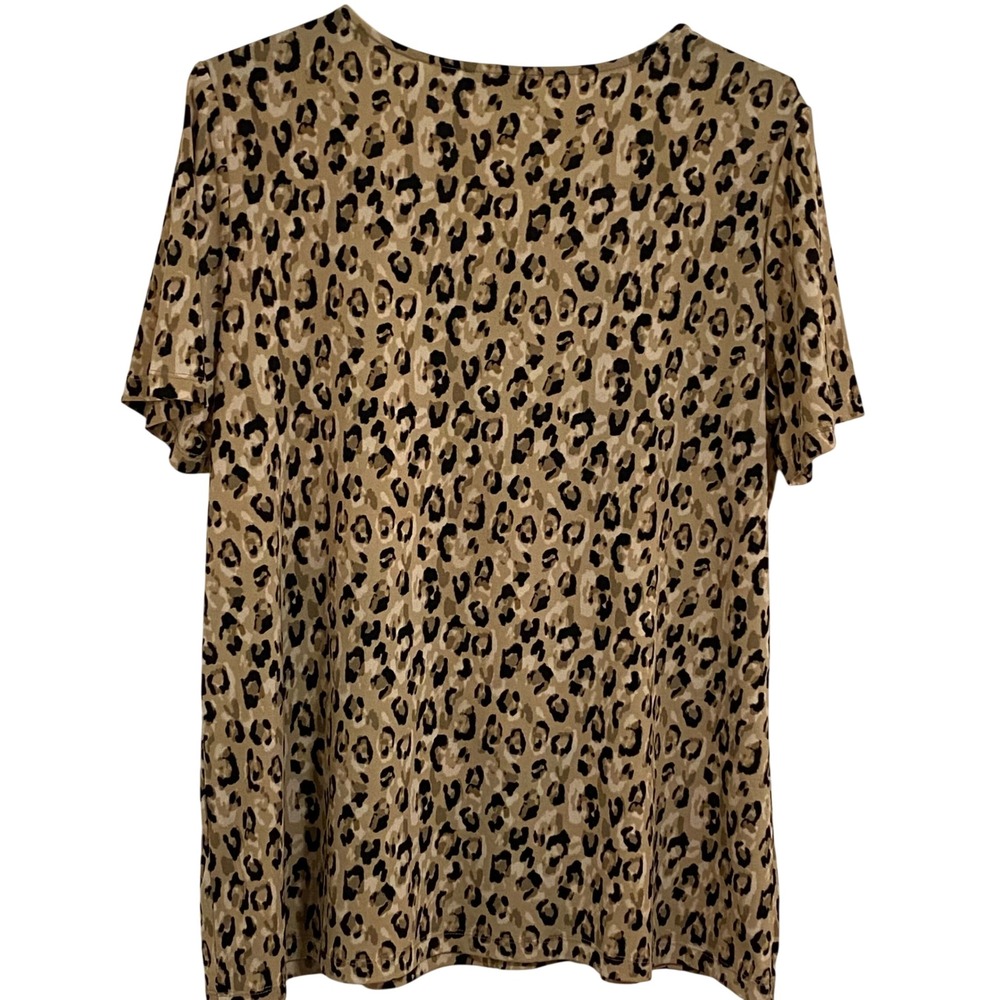 Susan Graver Leopard Print Indie Chic Short Sleeve Top Womens L Tan Black - Picture 5 of 5